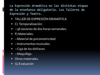 La Expresión dramática en las distintas etapas
de la enseñanza obligatoria. Los Talleres de
Expresión y Teatro.
 TALLER DE EXPRESIÓN DRAMÁTICA
 C) Temporalización:
 --36 sesiones de dos horas semanales.
 F) Materiales:
 --Material de psicomotricidad
 --Instrumentos musicales.
 --Caja de los disfraces.
 --Maquillaje.
 Otros materiales.
 G) Evaluación
 