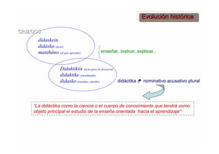 Evolución histórica
Evolución histórica
GRIEGOS
didaskein
didásko (acto)
mantháno (el que aprende)

enseñar, instruir, explicar..

Didaktikós (acto para la docencia)
didaktike (enseñando)
didáctika  nominativo acusativo plural
didasko (enseñar, enseño)

“La didáctika como la ciencia o el cuerpo de conocimiento que tendrá como
objeto principal el estudio de la enseña orientada hacia el aprendizaje”

 