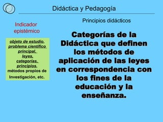 1 Didáctica y Pedagogía Principios didácticos Categorías de la Didáctica que definen los métodos de aplicación de las leyes en correspondencia con los fines de la educación y la enseñanza. Indicador  epistémico objeto de estudio ,  problema científico  principal,  leyes, categorías,  principios ,  métodos propios de  Investigación, etc.   