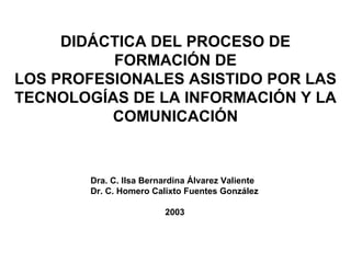 DIDÁCTICA DEL PROCESO DE FORMACIÓN DE LOS PROFESIONALES ASISTIDO POR LAS TECNOLOGÍAS DE LA INFORMACIÓN Y LA COMUNICACIÓN Dra. C. Ilsa Bernardina Álvarez Valiente Dr. C. Homero Calixto Fuentes González 2003 