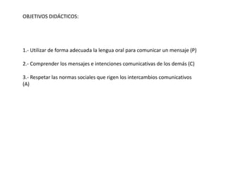OBJETIVOS DIDÁCTICOS:
1.- Utilizar de forma adecuada la lengua oral para comunicar un mensaje (P)
2.- Comprender los mensajes e intenciones comunicativas de los demás (C)
3.- Respetar las normas sociales que rigen los intercambios comunicativos
(A)
 