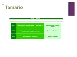 +

Temario
Nivel I

Módulo 2

Unidades

UNIT 1

DESCRIBIBING PEOPLE, ANIMALS AND OBJECTS

Describir personas, animales y
objetos

UNIT 2

PREFERENCES. ACCOMMODATION

Preferencias. La vivienda

UNIT 3

ROUTINES AND ACTIVITIES

Rutinas y actividades

 