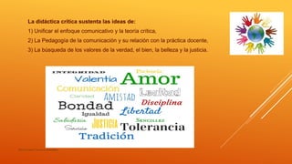 La didáctica crítica sustenta las ideas de:
1) Unificar el enfoque comunicativo y la teoría crítica,
2) La Pedagogía de la comunicación y su relación con la práctica docente,
3) La búsqueda de los valores de la verdad, el bien, la belleza y la justicia.
María Irene Cervera González
 