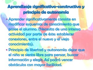  Aprender significativamente consiste en
  modificar esquemas de conocimiento que
  posee el alumno. (Necesita de una intensa
  actividad por parte de éste: establecer
  conexiones, entre el nuevo y el viejo
  conocimiento).
 Principio de libertad y autonomía: dejar que
  el niño se sienta libre para pensar, buscar
  información y elegir. Así podrá vencer
  obstáculos con mayor facilidad.
 