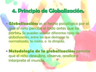  Globalización: es el hecho psicológico por el
 que el niño percibe el todo antes que las
 partes. Se pueden señalar diferentes tipos de
 globalización, entre las que destacan la
 normalizada, la mixta, o la dirigida.

 Metodología de la globalización: permite
 que el niño descubra, observe, analice e
 interprete el mundo.
 