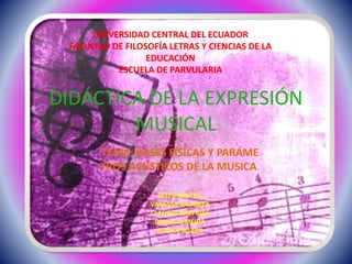 DIDÁCTICA DE LA EXPRESIÓN
MUSICAL
TEMA: BASES FÍSICAS Y PARÁME
TROS ACÚSTICOS DE LA MUSICA.
INTEGRANTES;
VANESSA ZALAMEA
CLAUDIA BASTIDAS
DIANA ALMEIDA
MAYRA BOADA
UNIVERSIDAD CENTRAL DEL ECUADOR
FACULTAD DE FILOSOFÍA LETRAS Y CIENCIAS DE LA
EDUCACIÓN
ESCUELA DE PARVULARIA
 
