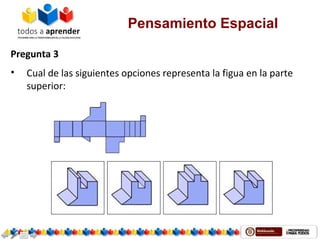 Pensamiento Espacial
Pregunta 3
• Cual de las siguientes opciones representa la figua en la parte
superior:
 