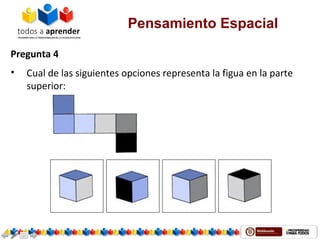 Pensamiento Espacial
Pregunta 4
• Cual de las siguientes opciones representa la figua en la parte
superior:
 