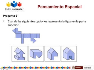 Pensamiento Espacial
Pregunta 6
• Cual de las siguientes opciones representa la figua en la parte
superior:
 