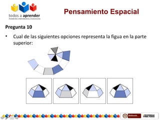 Pensamiento Espacial
Pregunta 10
• Cual de las siguientes opciones representa la figua en la parte
superior:
 