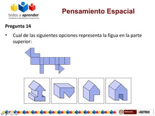 Pensamiento Espacial
Pregunta 14
• Cual de las siguientes opciones representa la figua en la parte
superior:
 