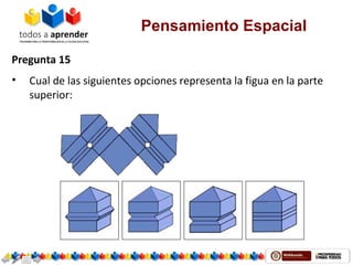 Pensamiento Espacial
Pregunta 15
• Cual de las siguientes opciones representa la figua en la parte
superior:
 