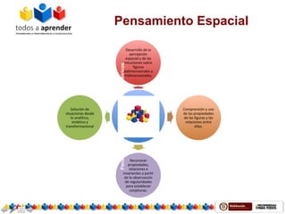 Desarrollo de la
percepción
espacial y de las
intuiciones sobre
figuras
bidimensionales y
tridimensionales.
Comprensión y uso
de las propiedades
de las figuras y las
relaciones entre
ellas.
Reconocer
propiedades,
relaciones e
invariantes a partir
de la observación
de regularidades
para establecer
conjeturas.
Solución de
situaciones desde
lo analítico,
sintético y
transformacional
Pensamiento Espacial
PensamientoEspacialySistemasGeométricos
 