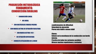 PROGRESIÓN METODOLÓGICA
FUNDAMENTO:
CONDUCCIÓN/DRIBLING
• CONDUCCIÓN LINEAL
• NO LINEAL
• CON OBSTÁCULOS (MARCA PASIVA)
• CON MARCA ACTIVA EN SITUACIÓN FACILITADA
• CON MARCA ACTIVA 1 VS 1
• EN SITUACIÓN DIFICULTADA
• CORRECTA UTILIZACIÓN EN EL JUEGO
condicionantes de dificultad:
Velocidad de ejecución
Pierna más hábil o menos hábil
Claves:
Énfasis en la enseñanza de la conducción con borde
interno.
Practica de todas las variantes posibles
Ofrecer muchas repeticiones y variantes
 