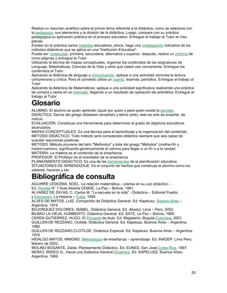 Realice un resumen analítico sobre el primer tema referente a la didáctica, como se relaciona con
la pedagogía, sus elementos y la división de la didáctica. Luego, compare con su práctica
pedagógica su aplicación práctica en el proceso educativo. Entregue el trabajo al Tutor en tres
planas.
Existen en la práctica varios métodos educativos; ahora, haga una investigación indicativa de los
métodos didácticos que se aplica en una "Institución Educativa".
Puede ser: preescolar, primaria, secundaria, alternativa y superior. después, realice un informe de
cinco páginas y entregue al Tutor.
Utilizando la técnica de mapas conceptuales, organice los contenidos de las asignaturas de
Lenguaje, Matemáticas, Ciencias de la Vida y otros que Usted vea conveniente. Entregue los
contenidos al Tutor.
Aplicando la didáctica de lenguaje y comunicación, aplique a una actividad concreta la lectura
comprensiva y crítica. Para el cometido utilice un cuento, leyenda, periódico. Entregue el trabajo al
Tutor.
Aplicando la didáctica de Matemáticas, aplique a una actividad significativa realizando una práctica
de compra y venta en un mercado; llegando a un resultado de operación de aritmética. Entregue el
trabajo al Tutor.

Glosario
ALUMNO. El alumno es quien aprende; aquel por quien y para quien existe la escuela.
DIDÁCTICA. Deriva del griego didaskein (enseñar) y tékne (arte), esto es arte de enseñar, de
instruir.
EVALUACIÓN. Constituye una herramienta para determinar el grado de objetivos educativos
alcanzados.
MAPAS CONCEPTUALES. Es una técnica para el aprendizaje y la organización del contenido.
METODO DIDÁCTICO. Todo método será considerado didáctico siempre que sea capaz de
suscitar reacciones positivas.
METODO. Método proviene del latín "Methodus" y éste del griego "Métodos" (metha=fin y
hodos=camino), significando genéricamente el camino para llegar a un fin o a la verdad.
MATERIA. La materia es el contenido de la enseñanza.
PROFESOR. El Profesor es el orientador de la enseñanza.
PLANEAMIENTO DIDÁCTICO. Es una de las herramientas de la planificación educativa.
SITUACIONES DE APRENDIZAJE. Es el conjunto de hechos que construye el alumno como los
saberes, haceres y ser.

Bibliográfica de consulta
AGUIRRE LEDEZMA, NOEL. La relación matemática – prensa en su uso didáctico - .
Ed. Revista N° 7 Aula Abierta CEMSE, La Paz – Bolivia, 1991.
ALVAREZ DE ZAYAS, C. Carlos M. "La escuela en la vida" - Didáctica -. Editorial Pueblo
y Educación, La Habana – Cuba, 1999.
ALVES DE MATOS, LUIZ. Compendio de Didáctica General. Ed. Kapelusz, Buenos Aires –
Argentina, 1974.
BOJORQUEZ DOLORES, ISABEL. Didáctica General. Ed. Abedul, Lima – Perú, 2002.
BILBAO LA VIEJA, HUMBERTO. Didáctica General. Ed. SATE, La Paz – Bolivia, 1968.
CERDA GUTIERREZ, HUGO. El Proyecto de Aula. Ed. Magisterio, Bogotá-Colombia, 2001.
GUILLEN DE REZZANO, Clotilde. Didáctica General. Ed. Kapelusz, Buenos Aires – Argentina,
1980.
GUILLEN DE REZZANO,CLOTILDE. Didáctica Especial. Ed. Kapelusz, Buenos Aires – Argentina,
1979.
HIDALGO MATOS, MNIGNO. Metodología de enseñanza – aprendizaje. Ed. INADEP. Lima Perú,
febrero de 2002.
MOLINO BOGANTE, Zaida. Planeamiento Didáctico. Ed. EUNED, San José-Costa Rica, 1997.
NERICI, IRIDEO G., Hacia una Didáctica General Dinámica. Ed. KAPELUSZ, Buenos AiresArgentina, 1969.

20

 