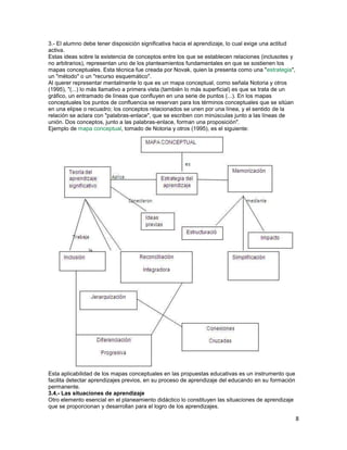 3.- El alumno debe tener disposición significativa hacia el aprendizaje, lo cual exige una actitud
activa.
Estas ideas sobre la existencia de conceptos entre los que se establecen relaciones (inclusotes y
no arbitrarios), representan uno de los planteamientos fundamentales en que se sostienen los
mapas conceptuales. Esta técnica fue creada por Novak, quien la presenta como una "estrategia",
un "método" o un "recurso esquemático".
Al querer representar mentalmente lo que es un mapa conceptual, como señala Notoria y otros
(1995), "(...) lo más llamativo a primera vista (también lo más superficial) es que se trata de un
gráfico, un entramado de líneas que confluyen en una serie de puntos (...). En los mapas
conceptuales los puntos de confluencia se reservan para los términos conceptuales que se sitúan
en una elipse o recuadro; los conceptos relacionados se unen por una línea, y el sentido de la
relación se aclara con "palabras-enlace", que se escriben con minúsculas junto a las líneas de
unión. Dos conceptos, junto a las palabras-enlace, forman una proposición".
Ejemplo de mapa conceptual, tomado de Notoria y otros (1995), es el siguiente:

Esta aplicabilidad de los mapas conceptuales en las propuestas educativas es un instrumento que
facilita detectar aprendizajes previos, en su proceso de aprendizaje del educando en su formación
permanente.
3.4.- Las situaciones de aprendizaje
Otro elemento esencial en el planeamiento didáctico lo constituyen las situaciones de aprendizaje
que se proporcionan y desarrollan para el logro de los aprendizajes.

8

 