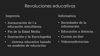 Revoluciones educativas
Imprenta
• Instauración de l a
educación simultánea.
• Fin de la Edad Media
• Ilustración y la Enciclopedia
• sistema educativo basado
en modelos de educación
Informática
• Sociedades de la
información
• Educaciòn a distacia.
• Cursos on-lìne
• Videoconferencias
 