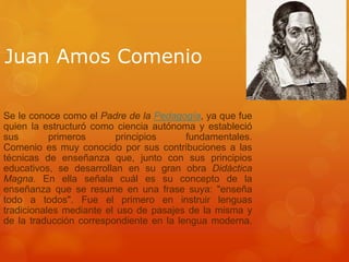 Juan Amos Comenio 
Se le conoce como el Padre de la Pedagogía, ya que fue 
quien la estructuró como ciencia autónoma y estableció 
sus primeros principios fundamentales. 
Comenio es muy conocido por sus contribuciones a las 
técnicas de enseñanza que, junto con sus principios 
educativos, se desarrollan en su gran obra Didáctica 
Magna. En ella señala cuál es su concepto de la 
enseñanza que se resume en una frase suya: "enseña 
todo a todos". Fue el primero en instruir lenguas 
tradicionales mediante el uso de pasajes de la misma y 
de la traducción correspondiente en la lengua moderna. 
 