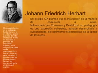 Johann Friedrich Herbart 
En el siglo XIX plantea que la instrucción es la manera 
de comunicar a otros. 
Influenciado por Rousseau y Pestalozzi, su pedagogía 
es una expresión coherente, aunque desarrollada y 
evolucionada, del optimismo intelectualista de la época 
de las luces. 
El concepto básico 
de la pedagogía 
herbartiana es el 
de interés, que es 
principio de vida 
intelectual, fuente 
de actividad y 
principio de 
moralidad. 
Supone, en un 
conjunto de ideas, 
cierta 
predisposición a 
unirse con otras 
determinadas. El 
interés evoca las 
ideas antiguas, 
llama a las 
nuevas, dirige la 
dinámica del 
espíritu 
 