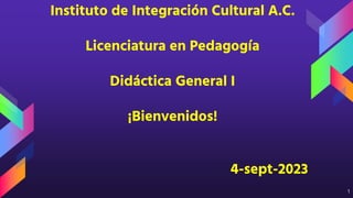 1
Instituto de Integración Cultural A.C.
Licenciatura en Pedagogía
Didáctica General I
¡Bienvenidos!
4-sept-2023
 