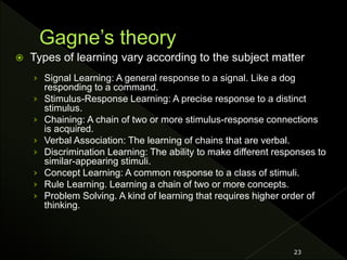  Types of learning vary according to the subject matter
› Signal Learning: A general response to a signal. Like a dog
responding to a command.
› Stimulus-Response Learning: A precise response to a distinct
stimulus.
› Chaining: A chain of two or more stimulus-response connections
is acquired.
› Verbal Association: The learning of chains that are verbal.
› Discrimination Learning: The ability to make different responses to
similar-appearing stimuli.
› Concept Learning: A common response to a class of stimuli.
› Rule Learning. Learning a chain of two or more concepts.
› Problem Solving. A kind of learning that requires higher order of
thinking.
23
 