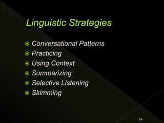  Conversational Patterns
 Practicing
 Using Context
 Summarizing
 Selective Listening
 Skimming
54
 