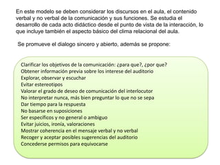 En este modelo se deben considerar los discursos en el aula, el contenido
verbal y no verbal de la comunicación y sus funciones. Se estudia el
desarrollo de cada acto didáctico desde el punto de vista de la interacción, lo
que incluye también el aspecto básico del clima relacional del aula.
Se promueve el dialogo sincero y abierto, además se propone:

Clarificar los objetivos de la comunicación: ¿para que?, ¿por que?
Obtener información previa sobre los interese del auditorio
Explorar, observar y escuchar
Evitar estereotipos
Valorar el grado de deseo de comunicación del interlocutor
No interpretar nunca, más bien preguntar lo que no se sepa
Dar tiempo para la respuesta
No basarse en suposiciones
Ser específicos y no general o ambiguo
Evitar juicios, ironía, valoraciones
Mostrar coherencia en el mensaje verbal y no verbal
Recoger y aceptar posibles sugerencias del auditorio
Concederse permisos para equivocarse

 