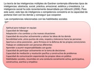 La teoría de las inteligencias múltiples de Gardner contempla diferentes tipos de
inteligencias: abstracta, social, práctica, emocional, estética y cinestésica. La
inteligencia social ha sido recientemente desarrollada por Albrecht (2006). Para
este autor, este tipo de inteligencia o competencia consistiría en la capacidad de
portarse bien con los demás y conseguir que cooperen
Las competencias relacionadas con las habilidades sociales
son:
Aptitud para trabajar en equipo
Capacidad de liderazgo
Adaptación a los cambios y a las nuevas situaciones
Capacidad de escuchar activamente y valorar las ideas de los demás
Sensibilidad ante ,otros puntos de vista, respeto y tolerancia hacia las personas
Apertura a otras posiciones , pero firmeza en la defensa de las propias convicciones
Trabajo en colaboración con personas diferentes
Aprender a asumir responsabilidades con gusto
Capacidad de participar activamente en la toma de decisiones
Capacidad de mediación y resolución pacifica y constructiva de problemas
Capacidad de comunicación exponiendo las propias ideas en público
Habilidades sociales, resumidas en una conducta socialmente activa, participativa,
constructiva, asertiva y empática

 