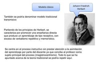 Modelo clásico

Johann Friedrich
Herbart

También se podría denominar modelo tradicional
transmisivo

Partiendo de los principios de Herbart, se
caracteriza por promover una enseñanza directa
que produce un aprendizaje de tipo receptivo, con
exceso de verbalismo repetitivo y memorístico.

Se centra en el proceso instructivo sin prestar atención a la asimilación
del aprendizaje por parte del discente ya que concibe al profesor como
sujeto principal del proceso (magistrocentrismo). Todo lo que se ha
apuntado acerca de la teoría tradicional se podría repetir aquí.

 