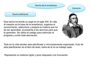 Teorías de la enseñanza
Comenio
Teoría tradicional
Esta teoría ha tenido su auge en el siglo XIX. En ella
el maestro es la base de la enseñanza, organiza el
conocimiento, selecciona y prepara la materia que ha
de ser aprendida, la presenta a los alumnos para que
la aprendan. Se utiliza el castigo para estimular el
progreso y evitar toda desviación.

Todo en la vida escolar esta planificado y minuciosamente organizado, fruto de
esta planificación es el libro de texto, fuera de el no se trabaja nada.

Representa un sistema rígido y poco dispuesto a la innovación

 