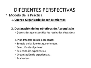 DIFERENTES PERSPECTIVAS

• Modelo de la Práctica:

1. Cuerpo Organizado de conocimientos
2. Declaración de los objetivos de Aprendizaje
• (resultados que especifica los resultados deseados)
3. Plan Integral para la enseñanza:
• Estudio de las fuentes que orientan.
• Selección de objetivos.
• Selección de experiencias.
• Organización de experiencias.
• Evaluación.

 