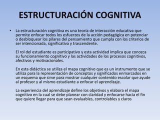 ESTRUCTURACIÓN COGNITIVA
• La estructuración cognitiva es una teoría de interacción educativa que
permite enfocar todos los esfuerzos de la acción pedagógica en potenciar
o desbloquear los pilares del pensamiento que cumpla con los criterios de
ser intencionada, significativa y trascendente.
El rol del estudiante es participativo y esta actividad implica que conozca
su funcionamiento cognitivo y las actividades de los procesos cognitivos,
afectivos y motivacionales.
En esta didáctica se utiliza el mapa cognitivo que es un instrumento que se
utiliza para la representación de conceptos y significados enmarcados en
un esquema que sirve para mostrar cualquier contenido escolar que ayude
al profesor y al mismo estudiante a enfocar el aprendizaje.
La experiencia del aprendizaje define los objetivos y elabora el mapa
cognitivo en la cual se debe planear con claridad y enfocarse hacia el fin
que quiere llegar para que sean evaluables, controlables y claros
 