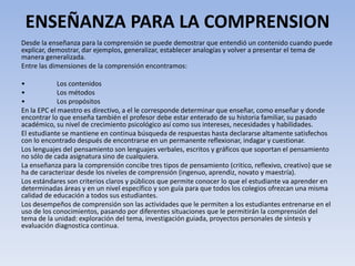 ENSEÑANZA PARA LA COMPRENSION
Desde la enseñanza para la comprensión se puede demostrar que entendió un contenido cuando puede
explicar, demostrar, dar ejemplos, generalizar, establecer analogías y volver a presentar el tema de
manera generalizada.
Entre las dimensiones de la comprensión encontramos:
• Los contenidos
• Los métodos
• Los propósitos
En la EPC el maestro es directivo, a el le corresponde determinar que enseñar, como enseñar y donde
encontrar lo que enseña también el profesor debe estar enterado de su historia familiar, su pasado
académico, su nivel de crecimiento psicológico así como sus intereses, necesidades y habilidades.
El estudiante se mantiene en continua búsqueda de respuestas hasta declararse altamente satisfechos
con lo encontrado después de encontrarse en un permanente reflexionar, indagar y cuestionar.
Los lenguajes del pensamiento son lenguajes verbales, escritos y gráficos que soportan el pensamiento
no sólo de cada asignatura sino de cualquiera.
La enseñanza para la comprensión concibe tres tipos de pensamiento (critico, reflexivo, creativo) que se
ha de caracterizar desde los niveles de comprensión (ingenuo, aprendiz, novato y maestría).
Los estándares son criterios claros y públicos que permite conocer lo que el estudiante va aprender en
determinadas áreas y en un nivel específico y son guía para que todos los colegios ofrezcan una misma
calidad de educación a todos sus estudiantes.
Los desempeños de comprensión son las actividades que le permiten a los estudiantes entrenarse en el
uso de los conocimientos, pasando por diferentes situaciones que le permitirán la comprensión del
tema de la unidad: exploración del tema, investigación guiada, proyectos personales de síntesis y
evaluación diagnostica continua.
 