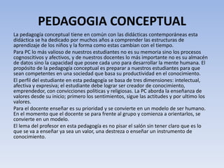 PEDAGOGIA CONCEPTUAL
La pedagogía conceptual tiene en común con las didácticas contemporáneas esta
didáctica se ha dedicado por muchos años a comprender las estructuras de
aprendizaje de los niños y la forma como estas cambian con el tiempo.
Para PC lo más valioso de nuestros estudiantes no es su memoria sino los procesos
cognoscitivos y afectivos, y de nuestros docentes lo más importante no es su almacén
de datos sino la capacidad que posee cada uno para desarrollar la mente humana. El
propósito de la pedagogía conceptual es preparar a nuestros estudiantes para que
sean competentes en una sociedad que basa su productividad en el conocimiento.
El perfil del estudiante en esta pedagogía se basa de tres dimensiones: intelectual,
afectiva y expresiva; el estudiante debe lograr ser creador de conocimiento,
emprendedor, con convicciones políticas y religiosas. La PC aborda la enseñanza de
valores desde su inicio; primero los sentimientos, sigue las actitudes y por ultimo los
valores.
Para el docente enseñar es su prioridad y se convierte en un modelo de ser humano.
En el momento que el docente se para frente al grupo y comienza a orientarlos, se
convierte en un modelo.
El lema del profesor en esta pedagogía es no pisar el salón sin tener claro que es lo
que se va a enseñar ya sea un valor, una destreza o enseñar un instrumento de
conocimiento.
 