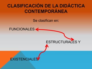 CLASIFICACIÓN DE LA DIDÁCTICA 
CONTEMPORÁNEA 
Se clasifican en: 
FUNCIONALES 
ESTRUCTURALES Y 
EXISTENCIALES 
 