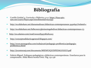  Cartilla Unidad 3, Currículo y Didáctica, p 12: https://fuaa.epic-
sam.net/Learn/Player.aspx?enrollmentid=6271597
 http://es.slideshare.net/dianamsalinas1/didacticas-contemporaneas-39306917?related=1
 http://es.slideshare.net/fullscreen/glenisortegabolivar/didacticas-contemporneas-1/3
 http://es.calameo.com/read/00212183937d62f112213
 http://conceptosdidacticageneral.blogspot.com/
 http://www.monografias.com/trabajos26/pedagogia-problemica/pedagogia-
problemica.shtml
 http://jvcontrerasj.com/documents/MIENFOQUESPEDAGOGICO.pdf
 Zubiría Miguel, Enfoques pedagógicos y didácticas contemporáneas. Enseñanza para la
comprensión. Alida María Acosta Ortiz. Pág. 231-236
Bibliografía
 