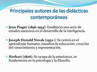 Principales autores de las didácticas
contemporáneas
 Jean Piaget (1896-1934): Estableció una serie de
estados sucesivos en el desarrollo de la inteligencia.
 Joseph Donald Novak (1932-): Se centró en el
aprendizaje humano, estudios de educación, creación
del conocimiento y representación.
 Herbart (1806): Se ocupa de la enseñanza, se
fundamenta en la psicología y la filosofía.
 