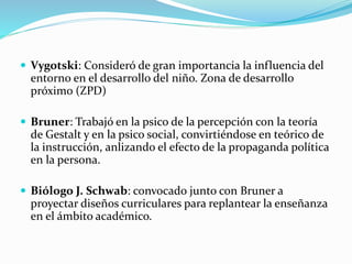  Vygotski: Consideró de gran importancia la influencia del
entorno en el desarrollo del niño. Zona de desarrollo
próximo (ZPD)
 Bruner: Trabajó en la psico de la percepción con la teoría
de Gestalt y en la psico social, convirtiéndose en teórico de
la instrucción, anlizando el efecto de la propaganda política
en la persona.
 Biólogo J. Schwab: convocado junto con Bruner a
proyectar diseños curriculares para replantear la enseñanza
en el ámbito académico.
 