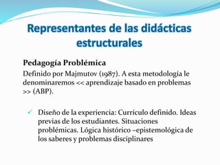 Representantes de las didácticas
estructurales
Pedagogía Problémica
Definido por Majmutov (1987). A esta metodología le
denominaremos << aprendizaje basado en problemas
>> (ABP).
 Diseño de la experiencia: Currículo definido. Ideas
previas de los estudiantes. Situaciones
problémicas. Lógica histórico –epistemológica de
los saberes y problemas disciplinares
 