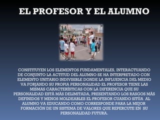 EL PROFESOR Y EL ALUMNO CONSTITUYEN LOS ELEMENTOS FUNDAMENTALES, INTERACTUANDO DE CONJUNTO LA ACTITUD DEL ALUMNO SE HA INTERPRETADO CON  ELEMENTO UNITARIO INDIVISIBLE DONDE LA INFLUENCIA DEL MEDIO VA FORJANDO SU PROPIA PERSONALIDAD EL PROFESOR TIENE LAS MISMAS CARACTERÍSTICAS CON LA DIFERENCIA QUE SU PERSONALIDAD ESTÀ MÀS DELIMITADA, PRESENTANDO LOS RASGOS MÀS DEFINIDOS Y MENOS MOLDEABLES EL PROFESOR CUANDO SITÙA  AL ALUMNO VA EDUCANDO COMO CORRESPONDE PARA LA MEJOR  FORMACIÓN DE UN SISTEMA DE VALORES QUE REPERCUTE EN  SU PERSONALIDAD FUTURA. 