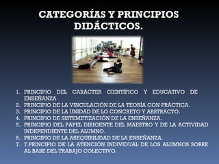 CATEGORÍAS Y PRINCIPIOS DIDÁCTICOS. PRINCIPIO DEL CARÁCTER CIENTÍFICO Y EDUCATIVO DE  ENSEÑANZA PRINCIPIO DE LA VINCULACIÓN DE LA TEORÍA CON PRÁCTICA. PRINCIPIO DE LA UNIDAD DE LO CONCRETO Y ABSTRACTO. PRINCIPIO DE SISTEMETIZACIÓN DE LA ENSEÑANZA. PRINCIPIO DEL PAPEL DIRIGENTE DEL MAESTRO Y DE LA ACTIVIDAD INDEPENDIENTE DEL ALUMNO. PRINCIPIO DE LA ASEQUIBILIDAD DE LA ENSEÑANZA.  7.PRINCIPIO DE LA ATENCIÓN INDIVIDUAL DE LOS ALUMNOS SOBRE AL BASE DEL TRABAJO COLECTIVO. 