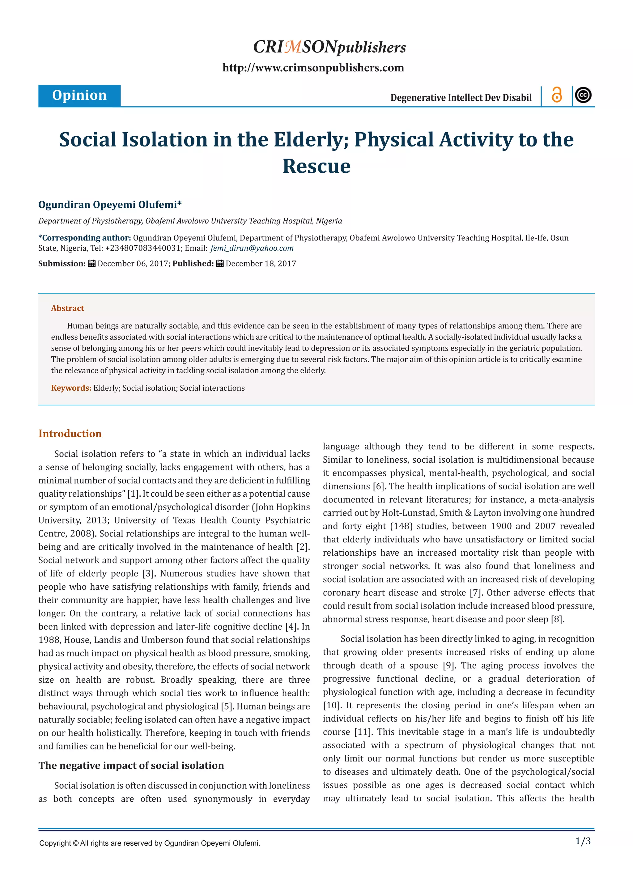 Social Isolation in the Elderly; Physical Activity to the Rescue ...