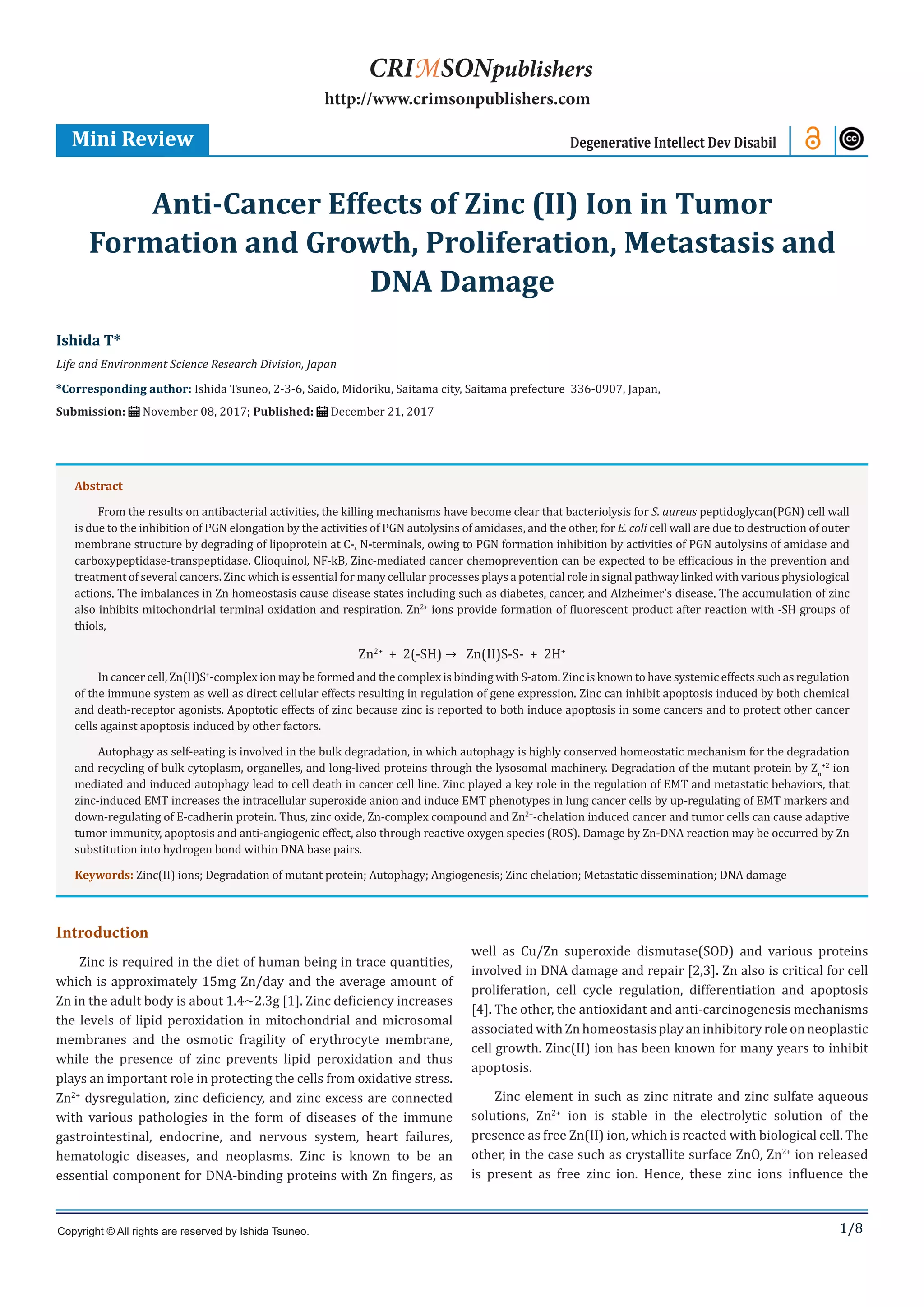 Anti-Cancer Effects of Zinc (II) Ion in Tumor Formation and Growth ...