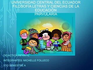UNIVERSIDAD CENTRAL DEL ECUADOR
FILOSOFÍA LETRAS Y CIENCIAS DE LA
EDUCACIÓN
PARVULARIA

DIDÁCTICA INFANTIL
INTEGRANTES: MICHELLE FOLLECO
5TO SEMESTRE A

 