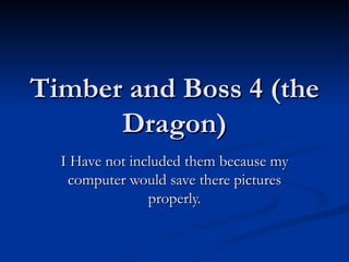Timber and Boss 4 (the Dragon) I Have not included them because my computer would save there pictures properly. 