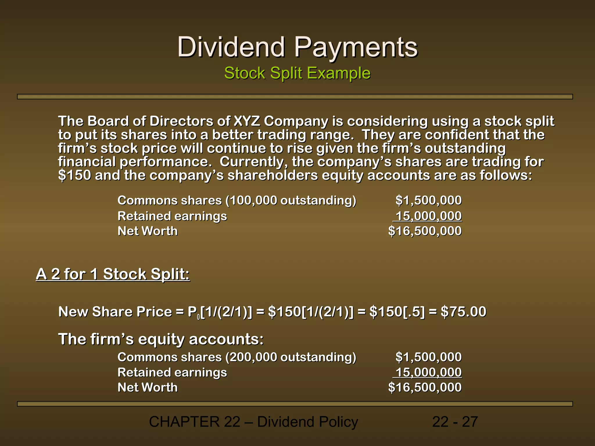 Dividend Payments
                            Stock Split Example

   The Board of Directors of XYZ Company is considering using a stock split
   to put its shares into a better trading range. They are confident that the
   firm’s stock price will continue to rise given the firm’s outstanding
   financial performance. Currently, the company’s shares are trading for
   $150 and the company’s shareholders equity accounts are as follows:
           Commons shares (100,000 outstanding)      $1,500,000
           Retained earnings                         15,000,000
           Net Worth                                $16,500,000


A 2 for 1 Stock Split:

   New Share Price = P0[1/(2/1)] = $150[1/(2/1)] = $150[.5] = $75.00
   The firm’s equity accounts:
           Commons shares (200,000 outstanding)      $1,500,000
           Retained earnings                         15,000,000
           Net Worth                                $16,500,000

                CHAPTER 22 – Dividend Policy               22 - 27
 