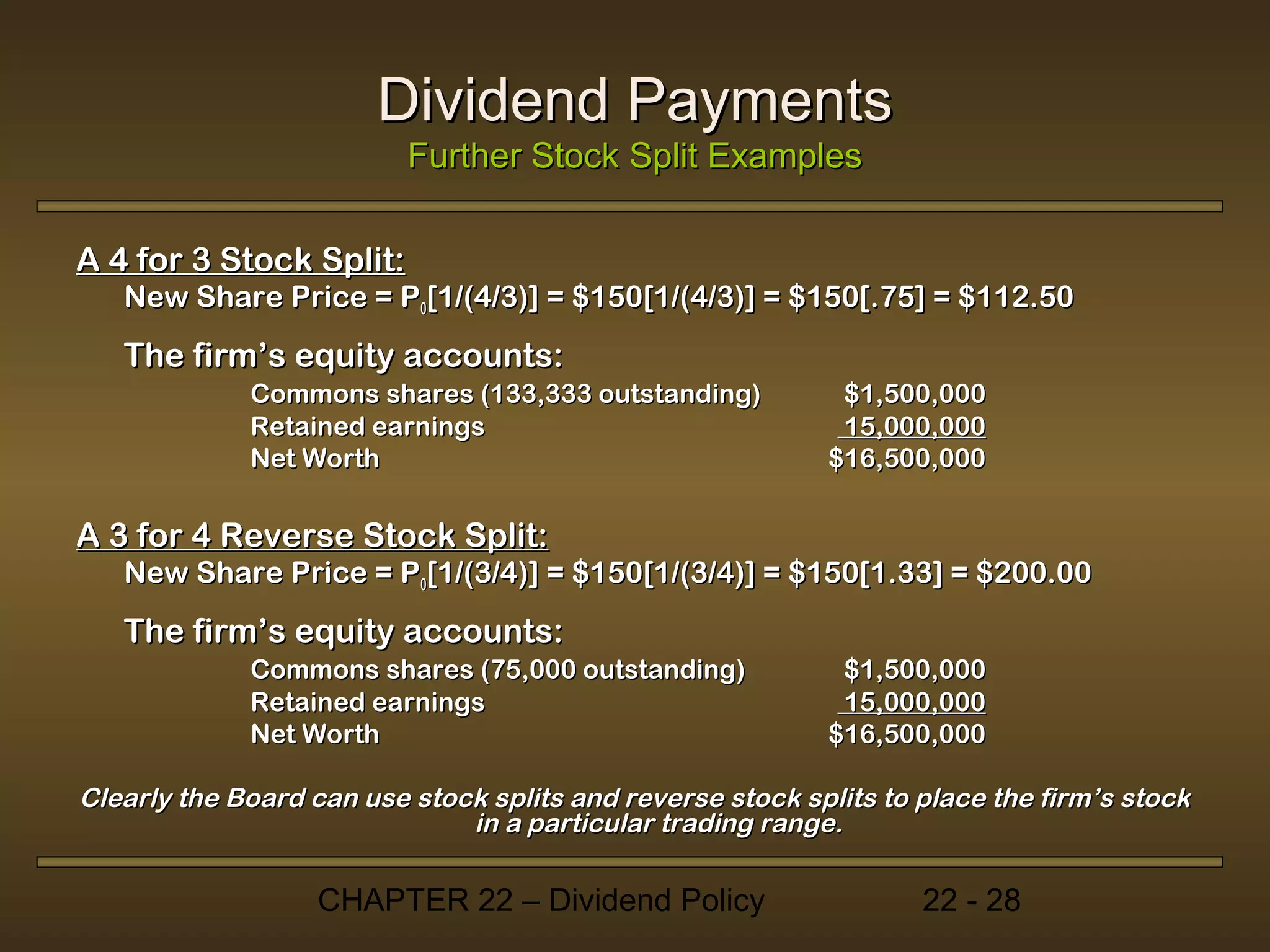 Dividend Payments
                          Further Stock Split Examples

A 4 for 3 Stock Split:
   New Share Price = P0[1/(4/3)] = $150[1/(4/3)] = $150[.75] = $112.50
   The firm’s equity accounts:
             Commons shares (133,333 outstanding)           $1,500,000
             Retained earnings                              15,000,000
             Net Worth                                     $16,500,000


A 3 for 4 Reverse Stock Split:
   New Share Price = P0[1/(3/4)] = $150[1/(3/4)] = $150[1.33] = $200.00
   The firm’s equity accounts:
             Commons shares (75,000 outstanding)            $1,500,000
             Retained earnings                              15,000,000
             Net Worth                                     $16,500,000

Clearly the Board can use stock splits and reverse stock splits to place the firm’s stock
                              in a particular trading range.

                   CHAPTER 22 – Dividend Policy                    22 - 28
 