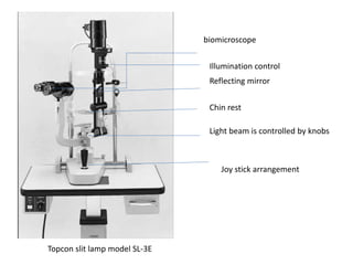 Topcon slit lamp model SL-3E
Light beam is controlled by knobs
Joy stick arrangement
Chin rest
Reflecting mirror
biomicroscope
Illumination control
 