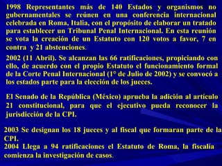 2002 (11 Abril). Se alcanzan las 66 ratificaciones, propiciando con ello, de acuerdo con el propio Estatuto el funcionamie...