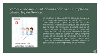 Vamos a analizar las situaciones para ver si cumplen la
primera ley de Newton:
• En situación el observador se aleja del cuerpo a
una velocidad constante (es decir, en m.r.u.).
Dado que no es capaz de percibir su propio
movimiento, y a falta de cualquier otro elemento
que le sirva de referencia, percibirá que es el
cuerpo el que se aleja de él a velocidad
constante. En cualquier caso también él podrá
afirmar que sobre el cuerpo no actúa ninguna
fuerza, al no variarse la velocidad a la que se
aleja el cuerpo, y por tanto, permanece
constante su momento lineal. También podemos
decir que se cumple la primera ley de Newton
 